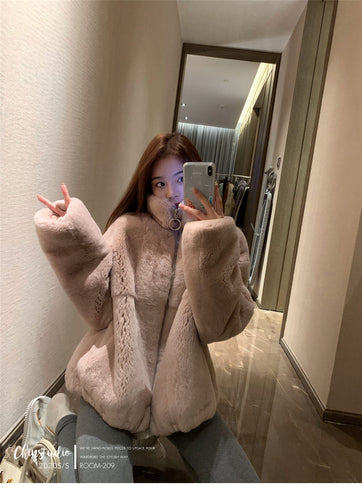 Women's Plush Coat Stand-up Collar Warmth and Thick New Youth Imitation Rex  Fur Fashion Western Style Imitation Fur Coat