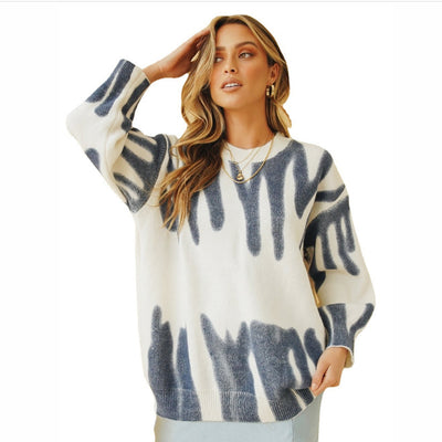 LOGAMI Elegant Striped Print Pullovers Women Autumn Winter O-Neck Loose Long Sweaters Knitted Pullover Streetwear Outerwear