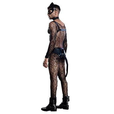 New Sexy cat man costumes cosplay outfit see through mesh bodysuit exotic apparel cat mask mens night club wear sexy costumes