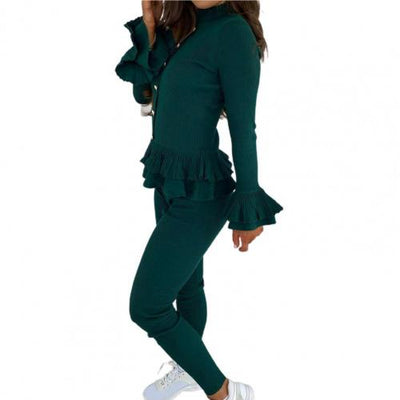 Tracksuit Autumn Women Outfits Chic Long Sleeve Ruffle Buttons Blouse Skinny Pants Set Outfit Suit 2021 Sweatpants Outfits