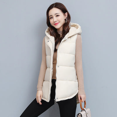 Women Winter Vest Zipper Coats Hooded Down Cotton Jacket Parkas Female Warm Loose Mid-Length Women's Sleeveless Jacket