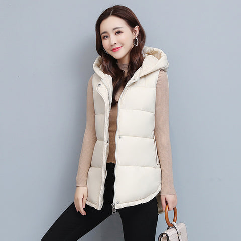 Women Winter Vest Zipper Coats Hooded Down Cotton Jacket Parkas Female Warm Loose Mid-Length Women&#39;s Sleeveless Jacket