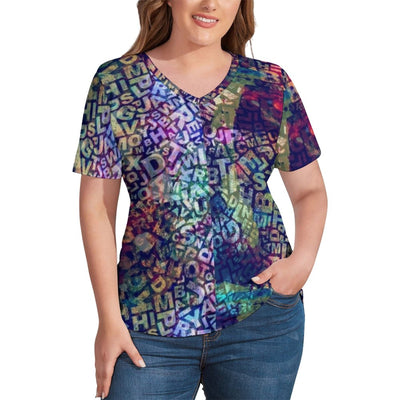 Abstract Letters Print T-Shirt Love Heart Print Vintage T-Shirts V Neck Short Sleeve Tops Women Casual Top Tees Plus Size 4XL