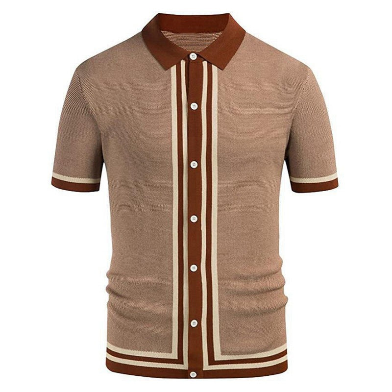 Men&#39;s Knitted Polo Shirts Summer Striped Slim-Fit Cardigan Sweater Men Short Sleeve Single Breasted Turn-down Collar Polo Shirts