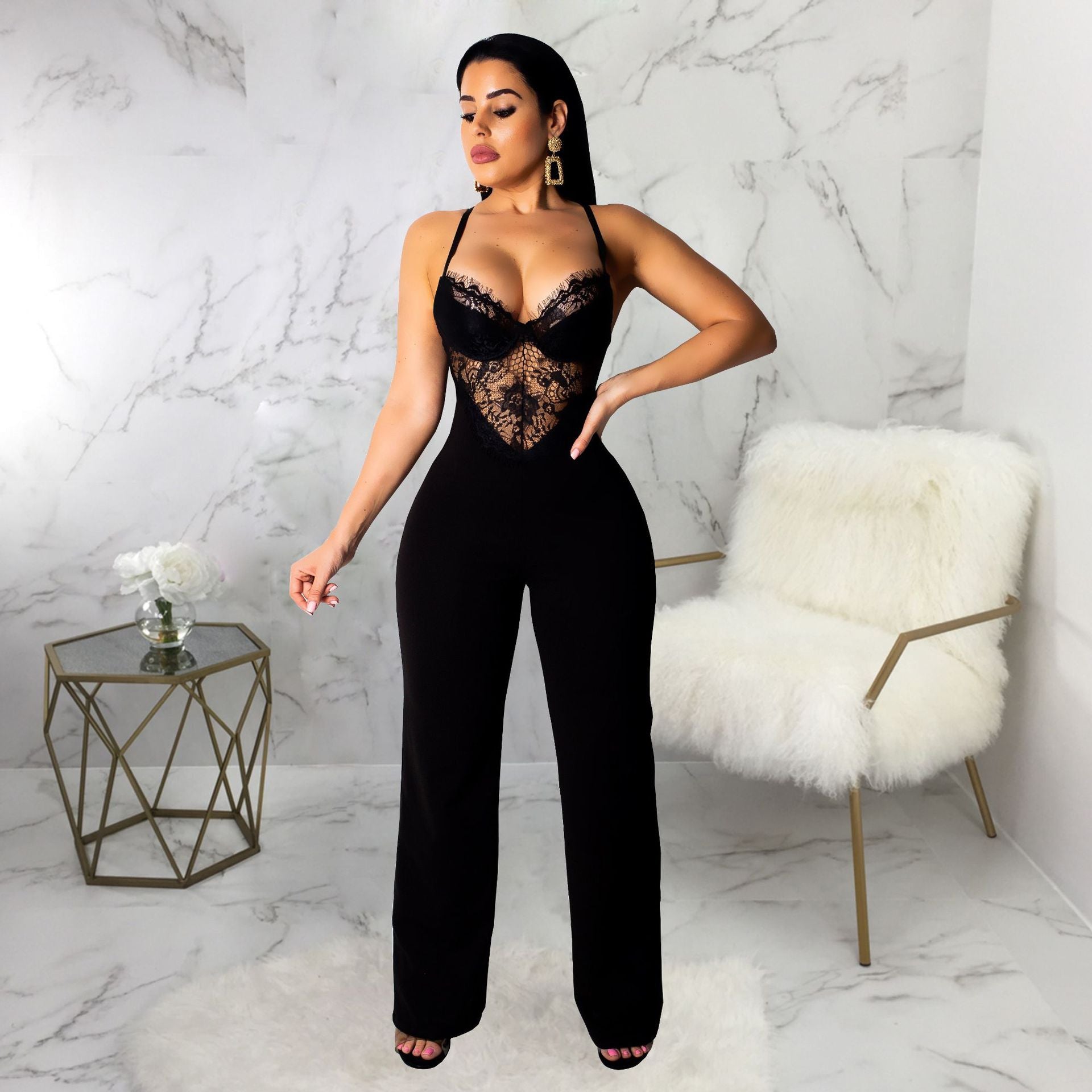 AHVIT Fashion Hollow Out Lace Backless Sexy Women Jumpsuits Sleeveless Deep V Neck Solid Color Sexy Party Elegant Romper SMR9185