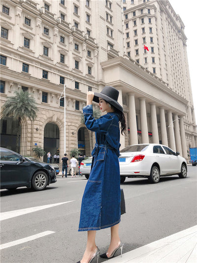 Fashion Jeans Long Coat New Casual Korean Lapel Loose Waist Denim Windbreaker For Women Jacket Bandage Outwear Womens f1280