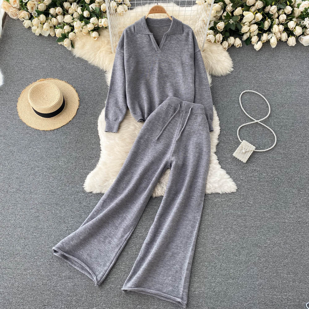 Autumn And Winter Sweater Trousers Suit Retro V-neck Pullover Sweater + High-Waist Wide-Leg Trousers Fashion Two-Piece Female