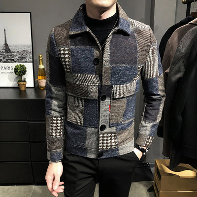 2021 Autumn Winter Mens Vintage Warm Plaid Trench Woolen Coat Slim Fit Casual Jackets Male Turn-down Collar Wool Jacket B456