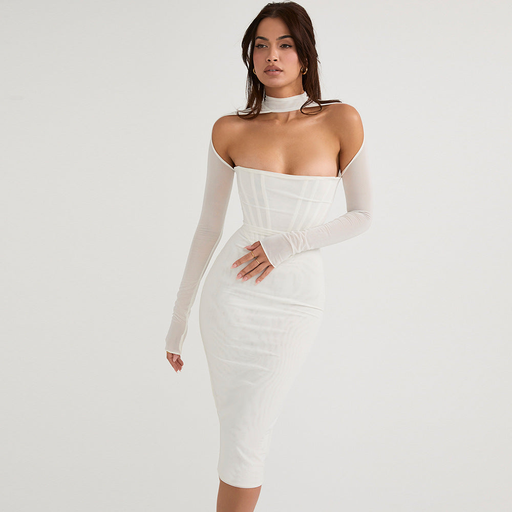 Women Sexy Mesh Fishbone White Black Midi Dress Fashion Long Sleeve Elegant Celebrity Cocktail Party Dress For Summer 2022