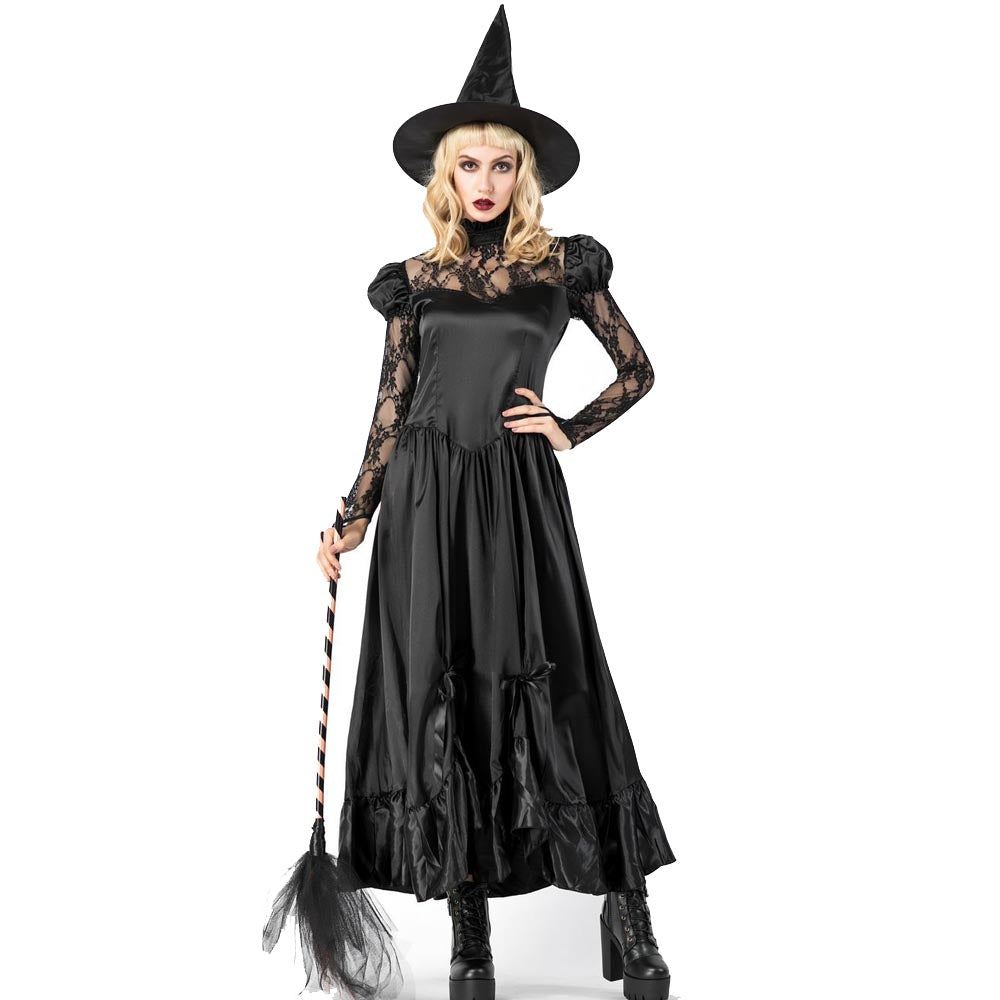 Free shipping 2021 New Women Halloween Costumes Witch Black Lace Long Dress Adult Cosplay Role Play Witch Costume