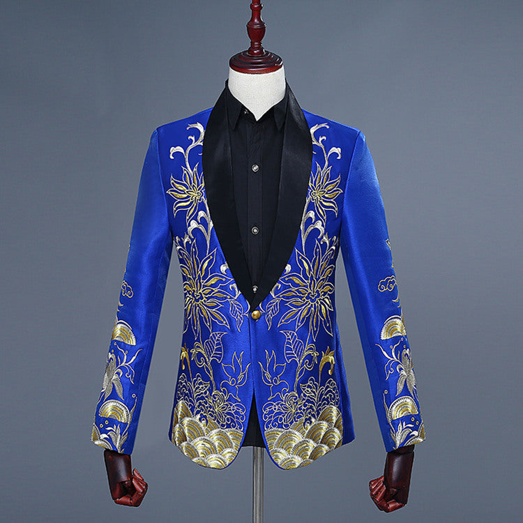Plyesxale Floral Embroidery Blazer Men Chinese Style Shawl Collar Wedding Blazers Red White Royal Blue Mens Stage Wear Q290