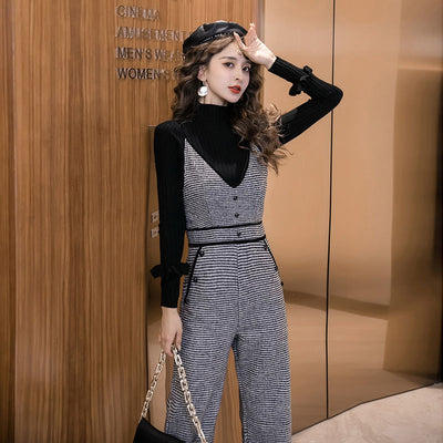 Women Autumn New Fashion 2 Piece Set Women Turtleneck Long Sleeve Pullover + Plaid Long Overall Pants Casual Two Piece Suit H105