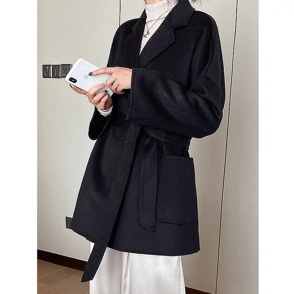 Korean Style High end water ripple double-faced cashmere coat ladies thickeningwoolen coat