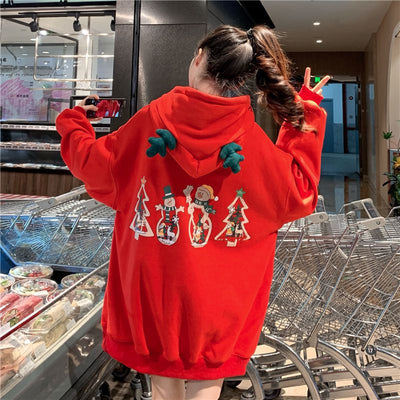 Christmas kawaii hoodie woman Korean red cartoon sweet deer loose hoodie woman hoodie