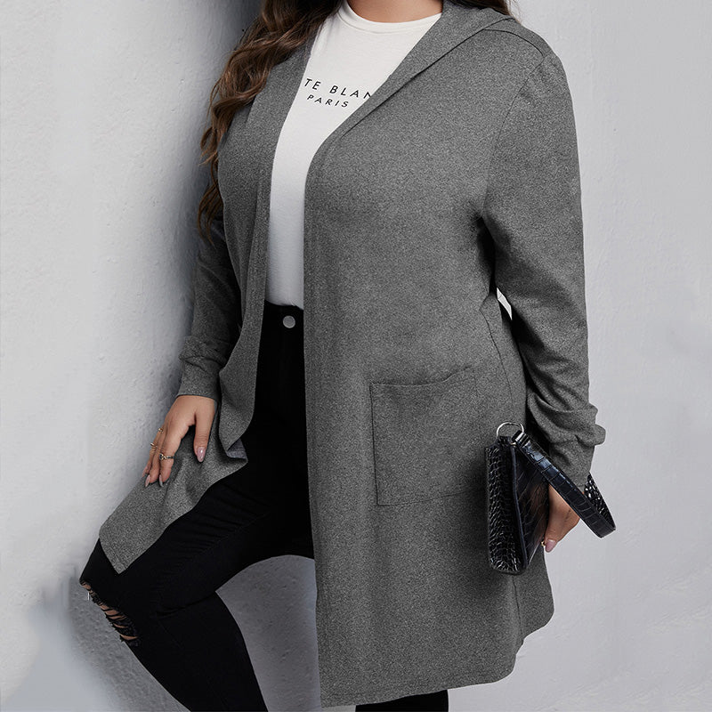 Hooded Plus Size Coat Jacket Women Fall Fashion Hoodie Windproof Warm Belt Pocket Long Sleeve Cardigan Coat Dark Grey Long Coat