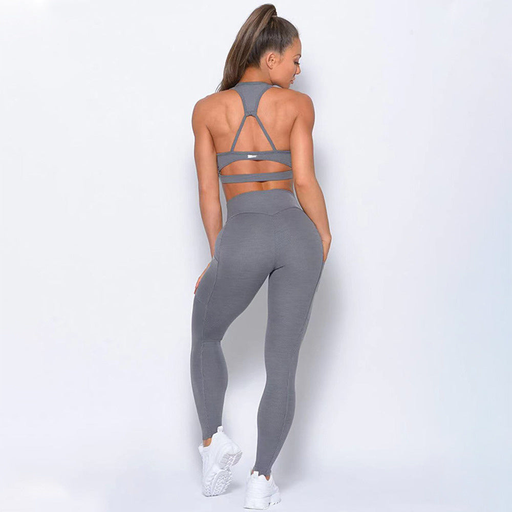 HGC Yoga Set Gym Women Sportwear Naked-feel Fabric Soft Fitness Suit Pocket Sport Leggings And Top Push-up Sexy Workout Clothes