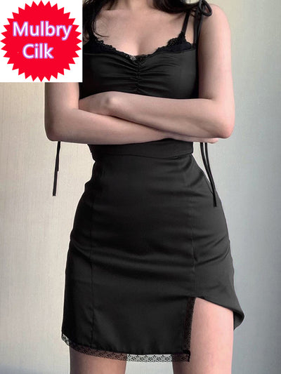 Strappy Satin Ruched Black Dress Mini Lace Side Split Sexy Dress Female Sundress Backless Ladies Dresses