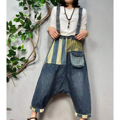 Women Denim Cross-Pants Shoulder strap Patchwork Pockets Bloomers Joggers Spring High Street Style Washed Ankle-length trousers