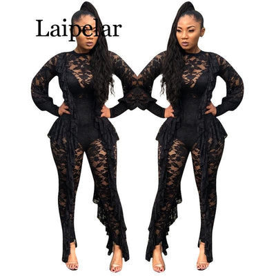 Long Sleeve Sexy Sheer Black Lace Jumpsuit Bodysuit Women See Through Ruffle Party Club Wear One Piece Bodycon Jumpsuit Rompers