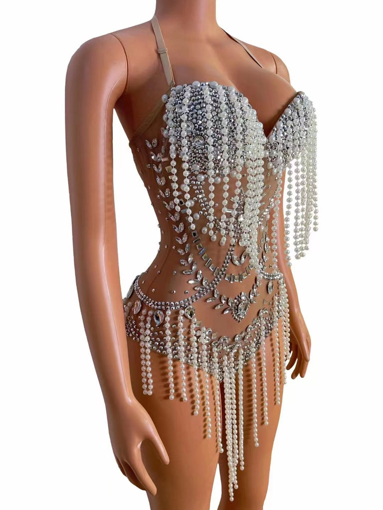 See Through Birthday Evening Celebrate Outfit Sparkly Silver Rhinestones Pearls Fringes Bodysuit Party Dance Singer Bodysuit
