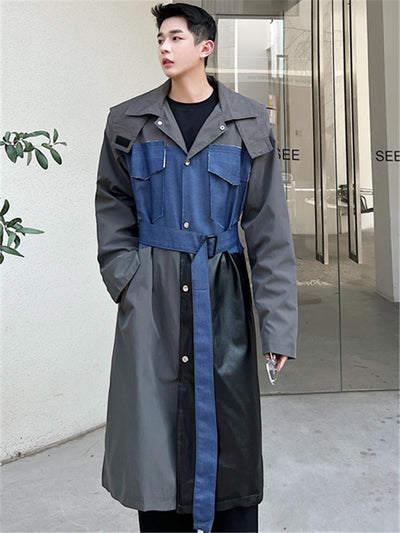 2022 autumn/winter senior sense patchwork trench coat men's long design sense niche loose overcoat coat trend