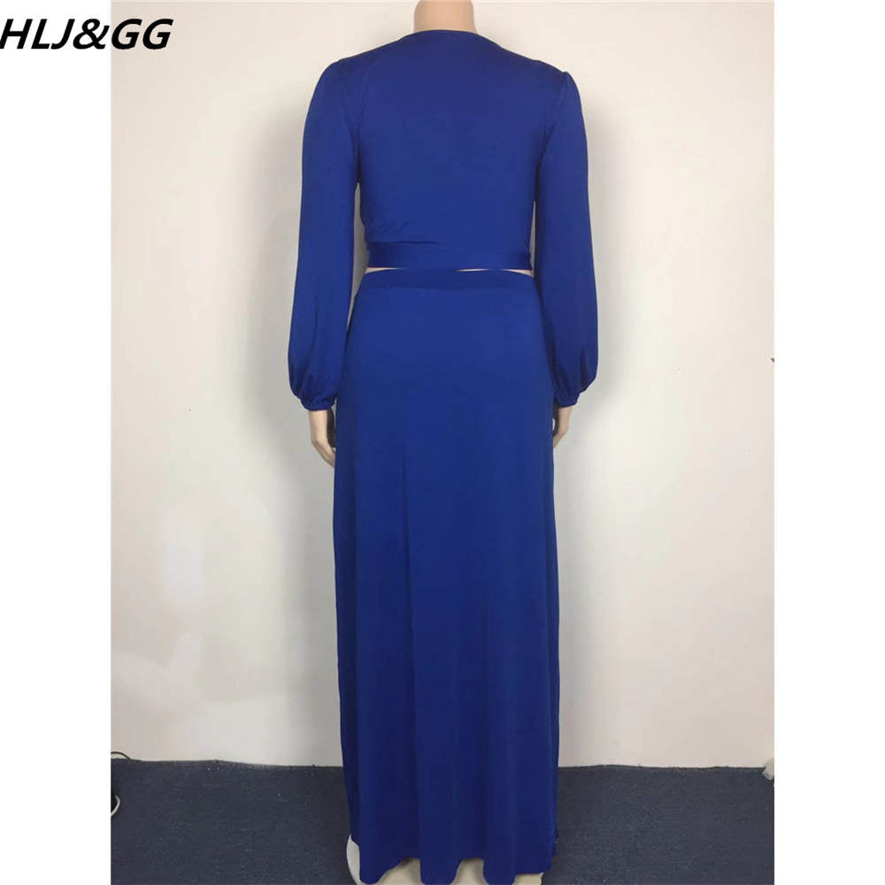 HLJ&amp;GG Casual Solid Color Plus Size Skirt Two Piece Sets Women Deep V Bandage Long Sleeve Crop Top + A-line Skirts Outfits 5XL