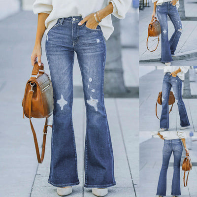 Womens Short Pants Jeans Womens Dress Jeans Pants Women's Jeans High Elastic Jeans Flare Holes Jeans Women Stripped Jeans