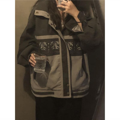 Korean embroidery vintage jacket men women Hong Kong style students autumn new BF casual loose jacket cargo punk all-match coats