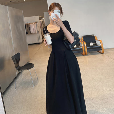 Summer Vintage O Neck Women Knitted Dresses Short Sleeve Sweater A Line Solid Draped Long Dress Vestidos De Mujer