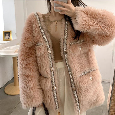 Small fragrance winter fahsion pearl beading diamond fu coat women thick warm v-neck outwear