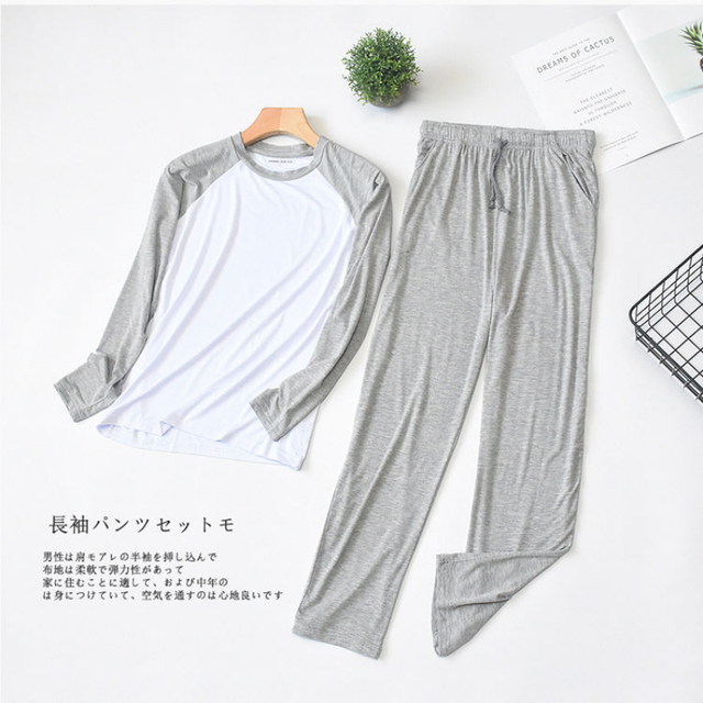 Skin-Friendly Fashion Stretchy Men Stitching Pajamas Set Two Pieces Set Long Sleeve Top Loose Pants Men Homewear