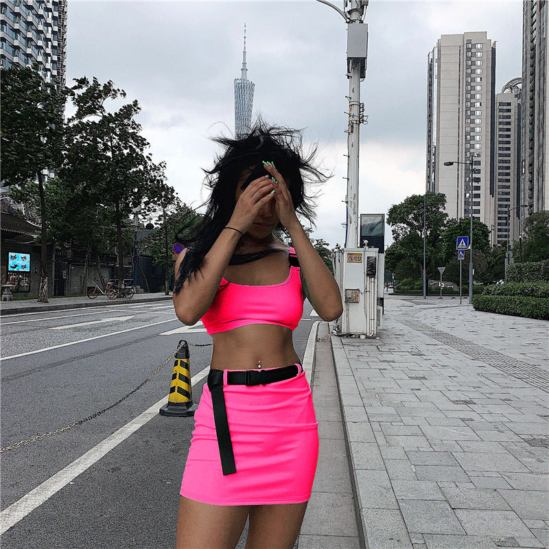 Summer Buckle Band Skrit 2 Piece Set Women Neon Green Pink Streetwear Sets Belt Fashion Sexy Beach Outfits Casual Clothing