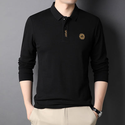 Fashion Embroidery Pattern Polo Shirt Men Cotton Lapel Casual Men's Long Sleeve Tshirt Black Brand Clothing For Outdoor Sports