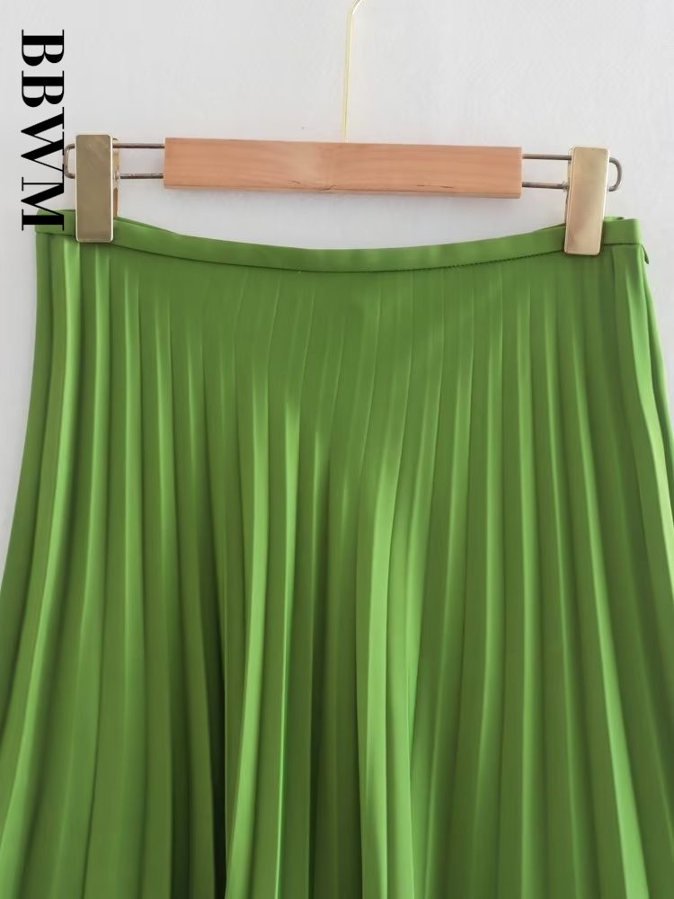 Women Summer 2022 Green Vintage Pleated Midi Skirts Faldas Mujer High Waist Side Zipper Chic Ladies Fashion A Line Skirts