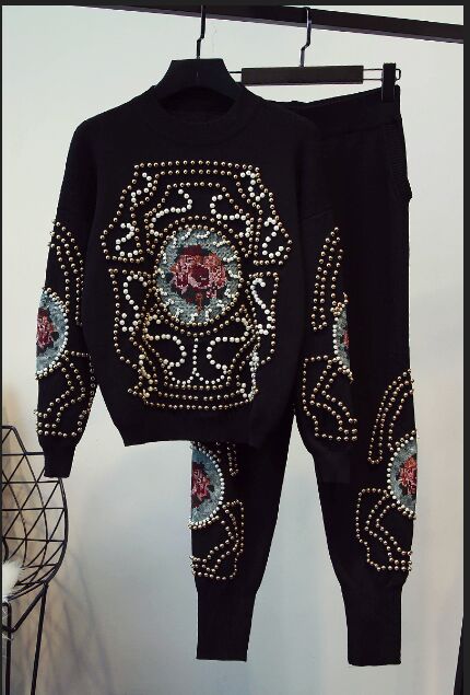 Oshangchaopin Women Handmade Beading Embroidery Flowers Print Casual Long Sleeve Knitted Pullover Sweater+Pants Clothing Sets