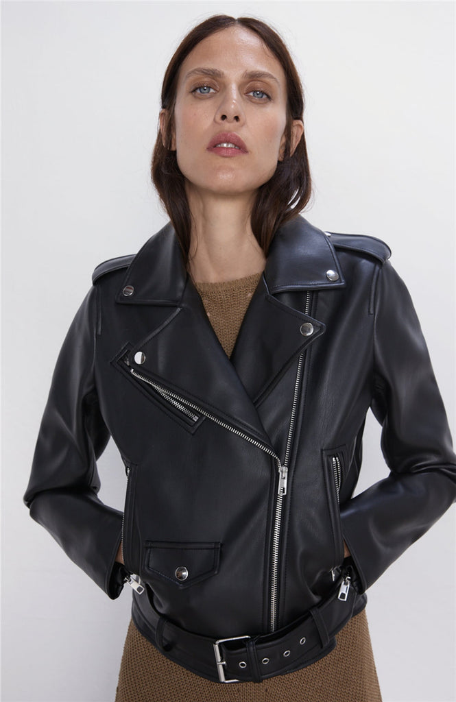 Leather Jacket Women Turn-down Collar Rivet Zipper Black Biker Coats Tops Clothes