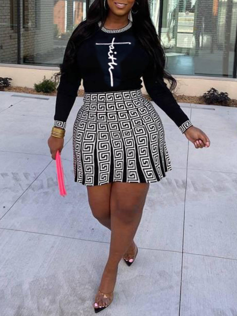 LW Plus Size Geometric Faith Letter Print Skirt Set Round Neck Long Sleeve+ Positioning Print Short Skirt 2pcs women autumn suit