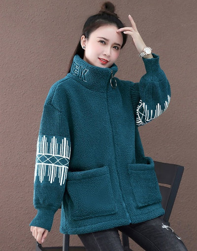 Add Velvet Thicken Female Hoodie Jacket Autumn Winter 2022 New Loose Fashion Splicing Pocket Imitate Lambswool Women&#39;s Coat