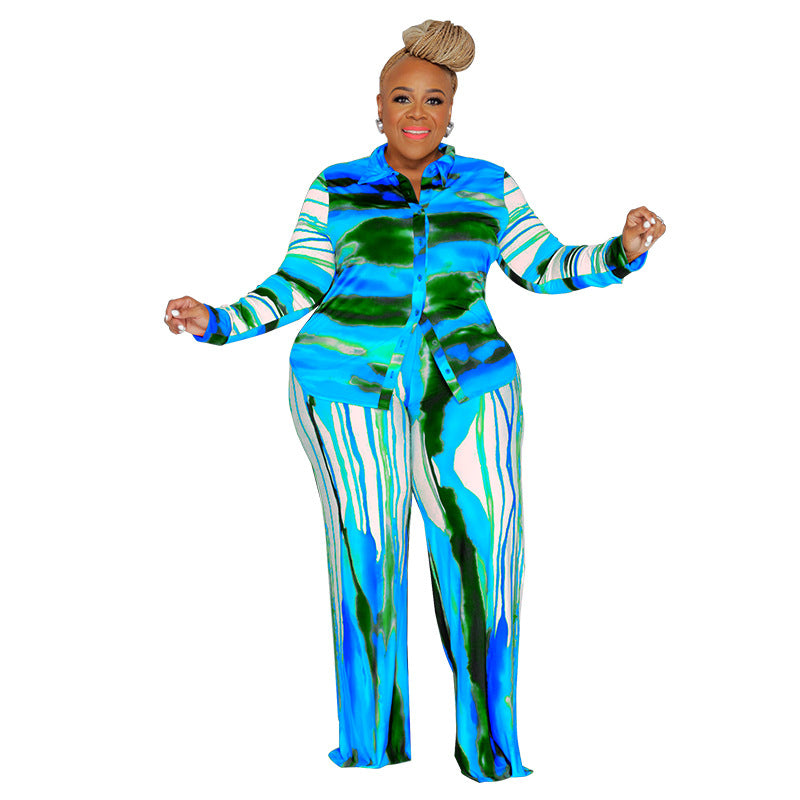 HLJ&amp;GG Fall Winter Tie Dye Print Two Piece Set Women Plus Size Clothing XL-5XL Casual Button Long Sleeve Shirt And Pants Outfits