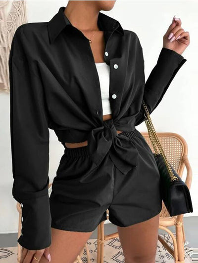 Women Solid Color Loose Shirt Short 2 Piece Sets Lady Casual Long Sleeve Blouse And Shorts Suits 2022 Summer Female Outfits