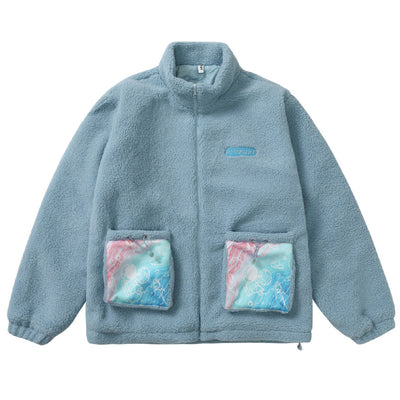 Winter Lambswool Jackets Men Hip Hop Embroidery Bear Patchwork Pocket Jackets New Street Harajuku Warm Furry Casual Cotton Coat