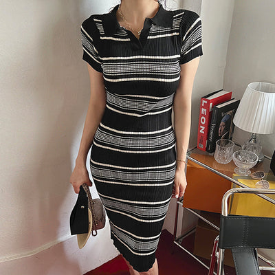 KUSAHIKI Vintage Stripe Knitted Bodycorn Dresses Women Elegant Slim Waist Sweater Dress 2022 New Turn-down Collar Vestidos Femme