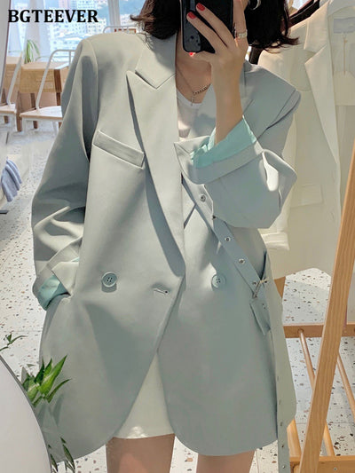 BGTEEVER Spring Autumn Double Breasted Women Blazer Long Sleeve Loose Belted Female Suit Jackets Ladies Outwear