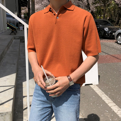 Thin Polo Shirt Men's Ice Silk Knit Lapel T-Shirt Korean Short Sleeve Simple Short Tee Shirt Summer Chic Pullover Tops Camisetas