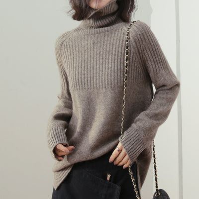 Sweater Women Turtleneck Pullovers Solid Stretch Striped Korean Top Knit Plus Size Harajuku Fall 2022 Winter Clothes Beige Khaki