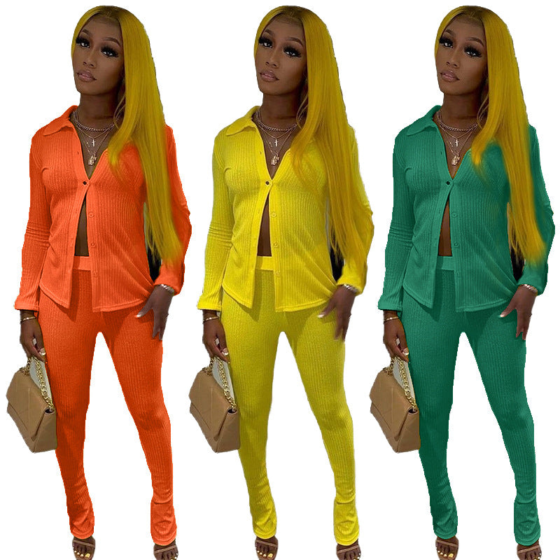 Autumn Neon Knitted Tracksuit 2 Piece Sets Women Long Sleeve Turn Down Collar Top and Long Skinny Pants Casual Solid Outfits