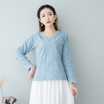 S-3XL Retro Blue Pink Cotton Linen Long Sleeve Summer Han Fu Traditional Chinese Clothing for Women Hanfu Tops Blouse Costume