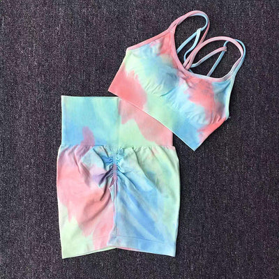 2Pcs Seamless Tie Dye Yoga Set Sport Suit Women Tracksuit High Waist Peach Buttock Gym Shorts Push Up Fitness Bra Top Activewear