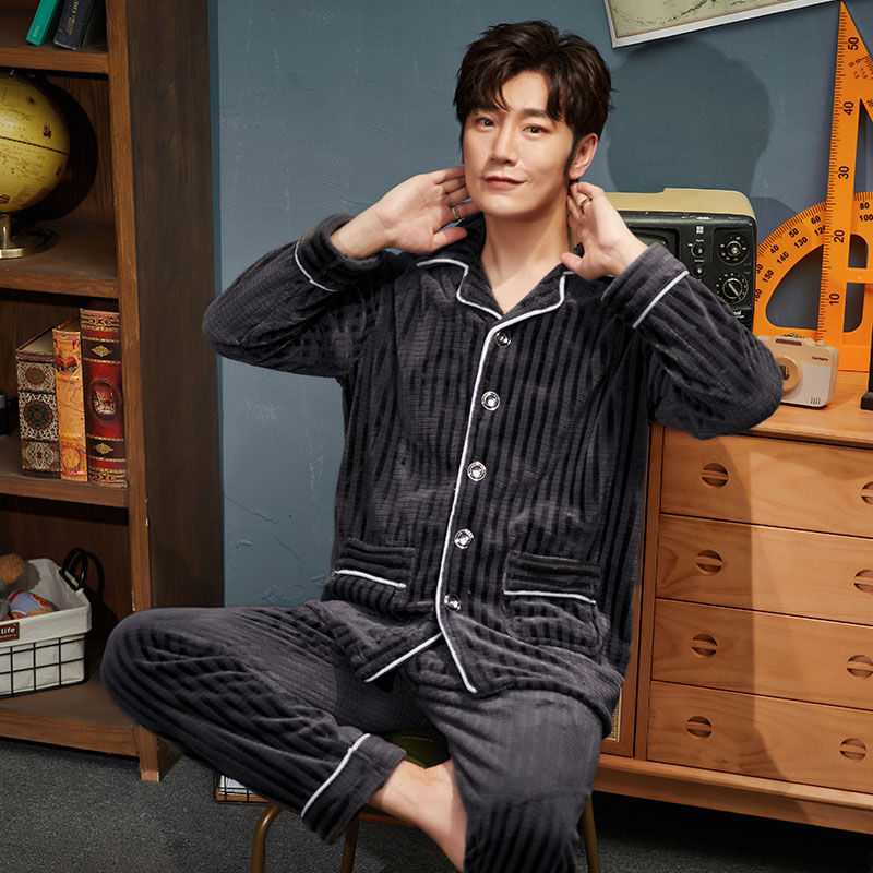 Lapel Nightwear Men Long Sleeve Pajamas Winter Thicken 2PCS PJS Suit Flannel Warm Home Clothes Button-down Sleepwear Lingerie
