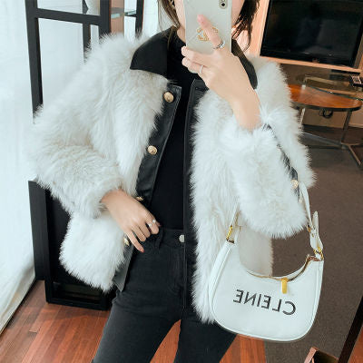 French Celebrities Court Style Imitation Fur Coat Women Spliced PU Leather Lapel Color Contrast Thickened Short Outwear